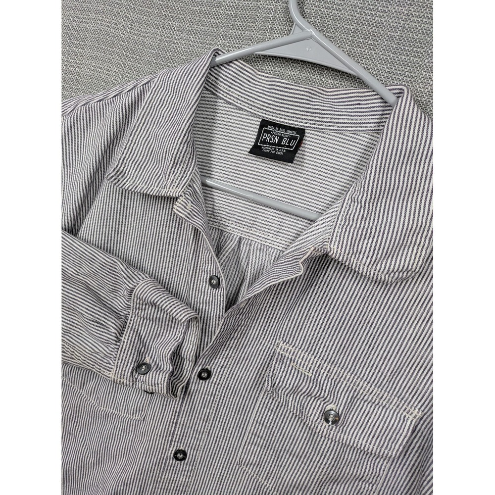 PRSN BLU Shirt Mens Large Blue Stripe Cotton Workwear Utility Button Up USA Made